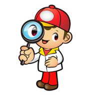 Red Delivery Man mascot examine a with magnifying glass N2