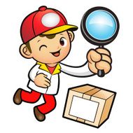 Red Delivery Man mascot examine a with magnifying glass N3