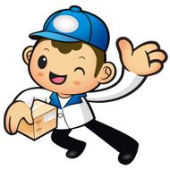 Blue Delivery Man mascot the left hand guides