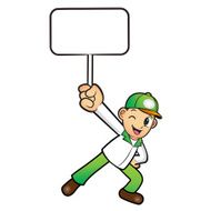 The Green Delivery Man mascot holding a board
