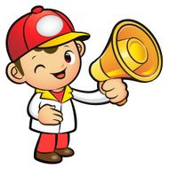 Red Delivery Man Mascot the hand is holding a loudspeaker N2