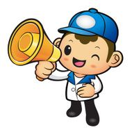 Blue Delivery Man Mascot the hand is holding a loudspeaker
