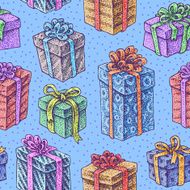 Seamless hand drawn texture of presents with bows and ribbons