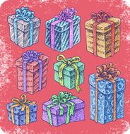 Hand drawn set of presents with bows and ribbons