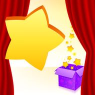 Magic box with stars behind red curtain