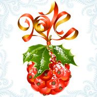 Vector ribbon in the shape of 2014 and holly ball