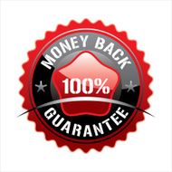 Red hundred percent money back badge on black background