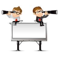 Businesspeople sitting on big billboard and looking for opportunity