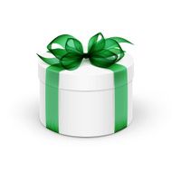 White Round Gift Box with Green Ribbon and Bow Isolated