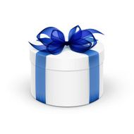 White Round Gift Box with Blue Ribbon and Bow Isolated