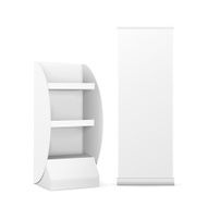 blank display with shelves and roll up banner