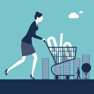 Businesswoman pushing a shopping cart with percentage sign