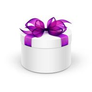 White Round Gift Box with Purple Ribbon and Bow Isolated