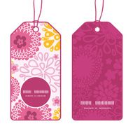 Vector pink field flowers vertical round frame pattern tags set