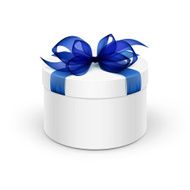 White Round Gift Box with Blue Ribbon and Bow Isolated N2