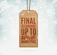 Final clearance price tag on winter background with snow and