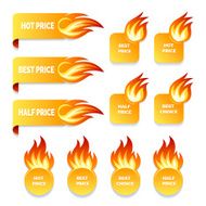 gold price and sale icons with flames of fire