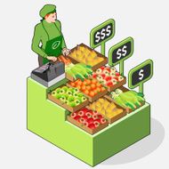 Isometric Greengrocer Shop - Woman Owner Front View Standing