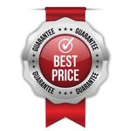 Red best price badge with metallic border and ribbon