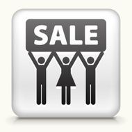 Three black simplified people logos holding a sale sign N2
