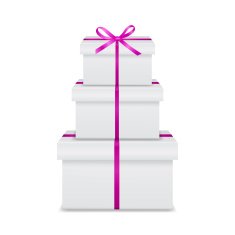 Stack of three realistic white gift boxes with pink ribbon N4