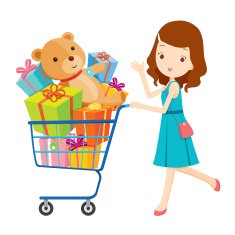 Girl pushing shopping cart full of gifts