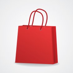Realistic red shopping bag with rope handles on grey background