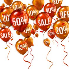 Orange flying party balloons with text SALE and discount
