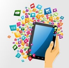 Human hand holds electronic tablet computer applications icons set burst