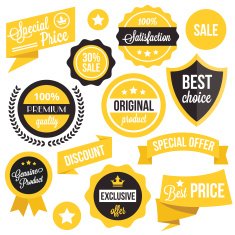 Badges stickers ribbons and insignias set Black yellow colors