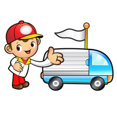 Red Delivery Man mascot Toward the truck convoy