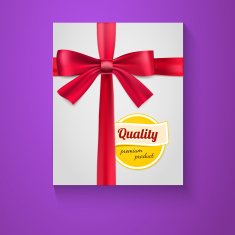 Box red ribbon bow and the badge "Quality"