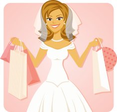 Smiling Cartoon Bride holding shopping bags