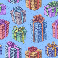 Seamless hand drawn texture of presents with bows and ribbons