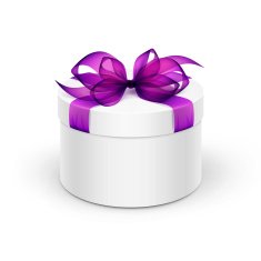 White Round Gift Box with Purple Ribbon and Bow Isolated