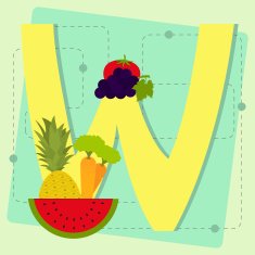 Letter "w" from stylized alphabet with fruits and vegetables