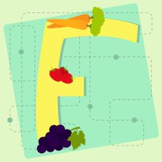 Letter "f" from stylized alphabet with fruits and vegetables