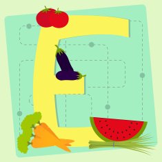 Letter "e" from stylized alphabet with fruits and vegetables