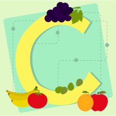 Letter "c" from stylized alphabet with fruits and vegetables