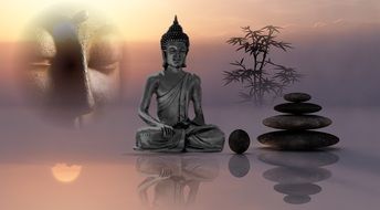 meditation, balance of stones and buddha statue