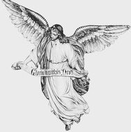 black and white drawing of an angel with large wings