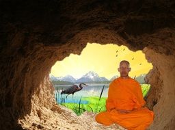 buddhist monk meditation in the cave