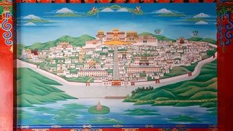 ancient Chinese monastery on mountain, painting