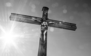 black-and-white photo of the crucifixion of Christ