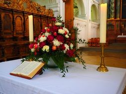 bible wedding altar and bouquet