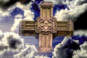 christian cross in clouds, collage