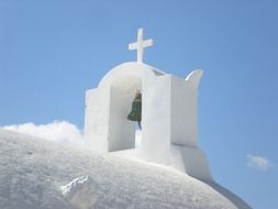 white bell tower of orthodox church, Greece, Santorini