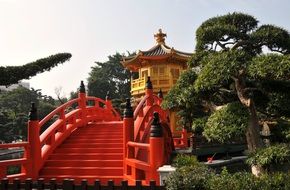 red bridge to the temple in china