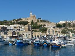blue boats in a port on the island of Gozo