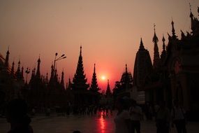 silhouette of the temple complex at sunset